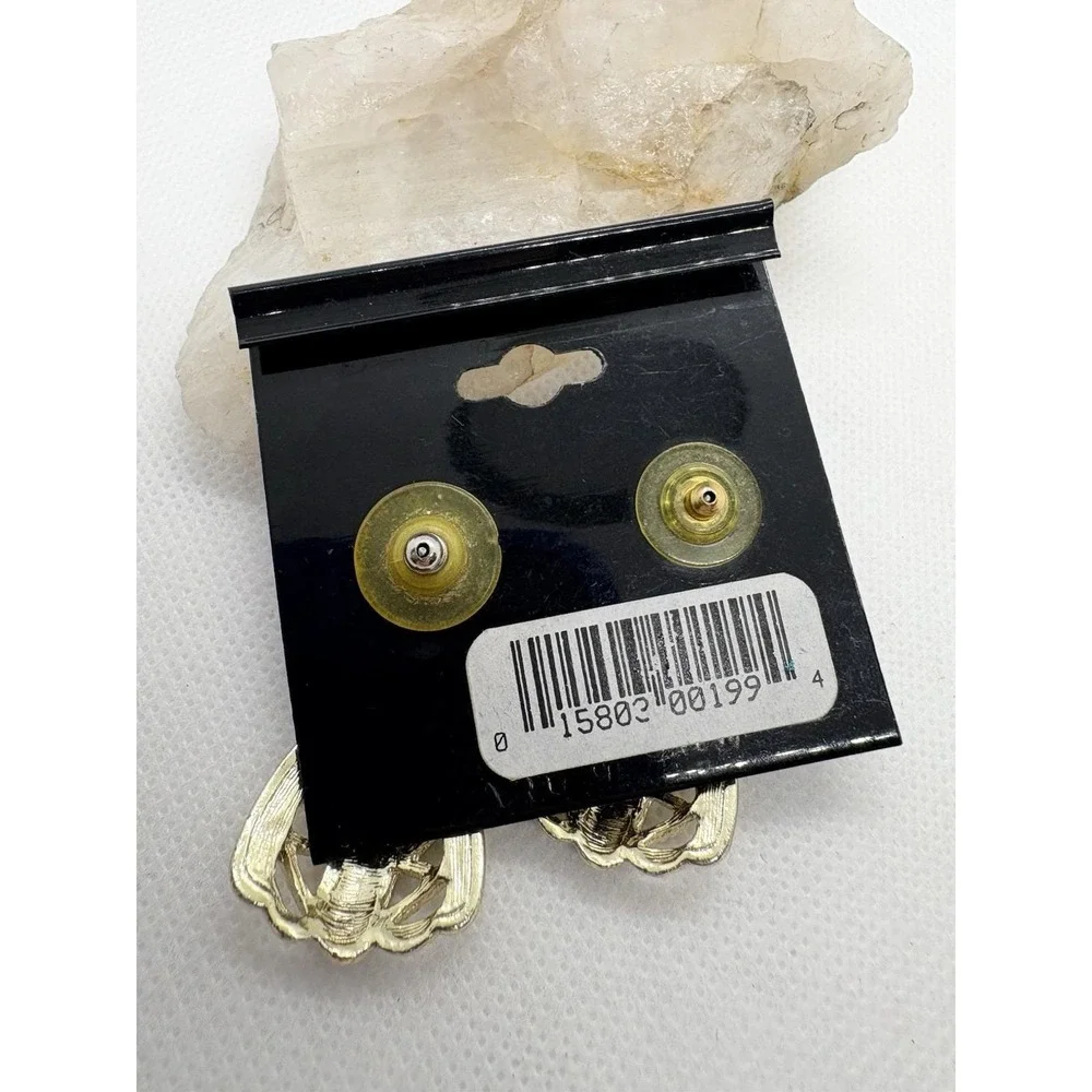 Vintage Gold Tone Pierced Earrings Hypoallergenic Black Accent Hinged USA Dangle